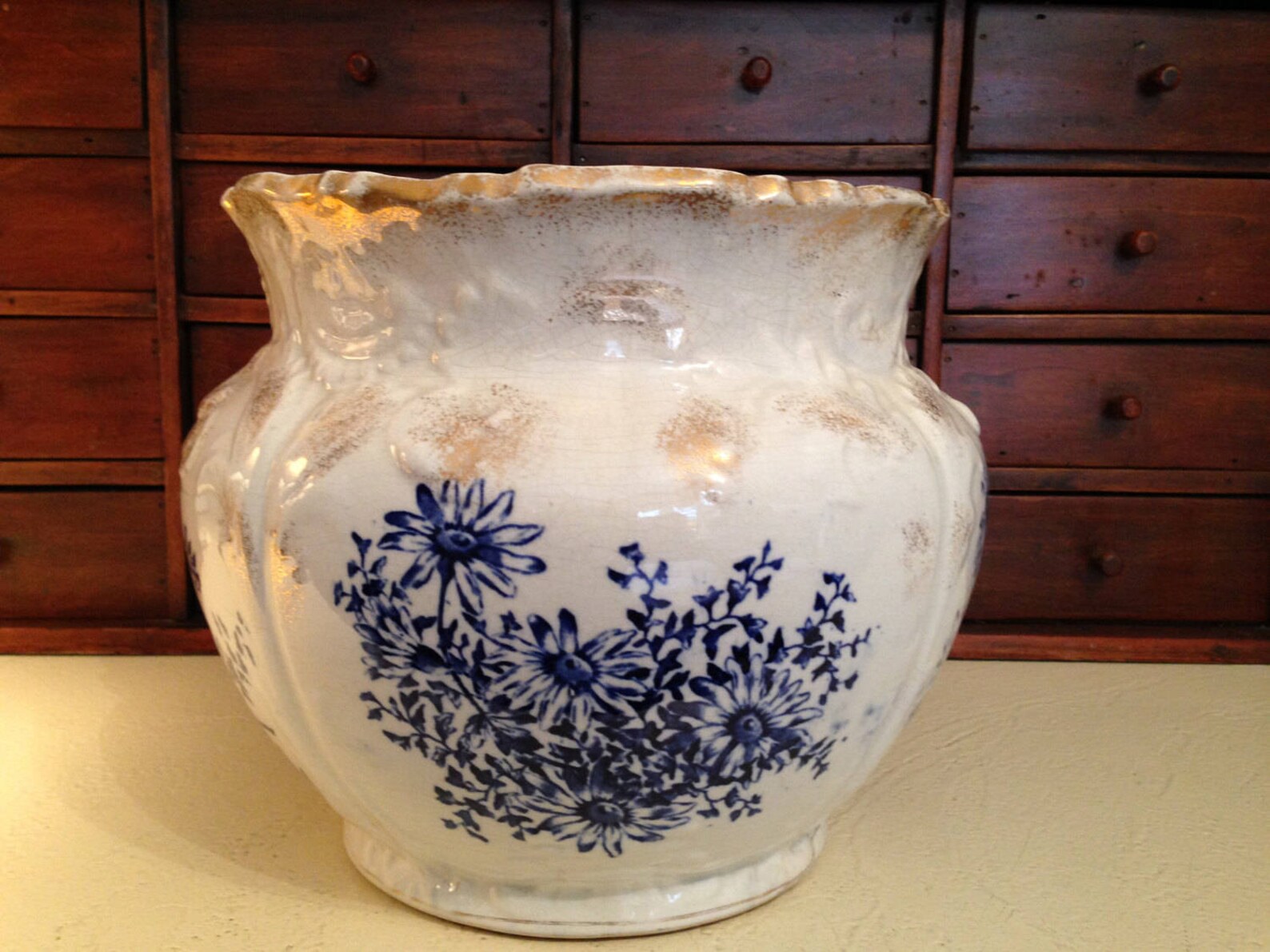 Antique Flow Blue Ironstone Jardiniere Cache Pot With Gilt Etsy
