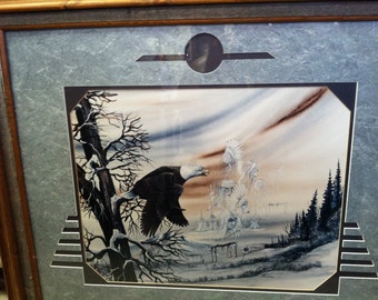 Vintage 1991 Signed & Numbered Texan Mike LaFleur Eagle Indians Framed Painting Under Glass