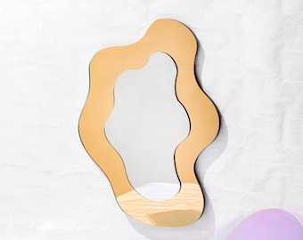 Gold Wiggly Mirror - wavy acrylic color mirror wiggly mirror amorphic mirror retro mirror retro object