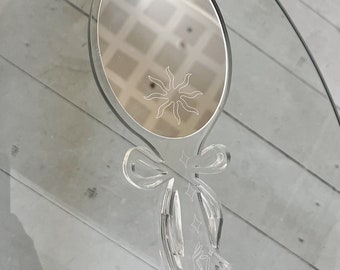 Sun Hand Mirror - bow ribbon hand mirror with sun and sparkle engraving, face mirror, acrylic playful mirror