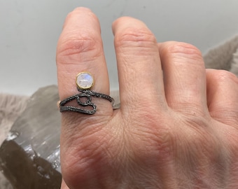 unusual Oxadised Silver Rainbow moonstone ring