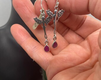 Ruby drop Fairy and  Angel ,sterling silver earrings.