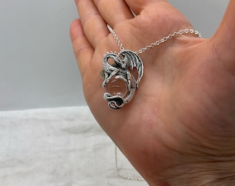 Silver dragon pendant with spinning crystal ball