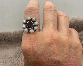 Garnet and Pearl Tribal Adjustable Ring