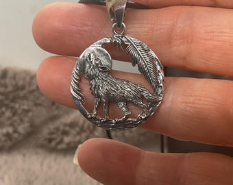 Native Wolf and Celtic moon with feather pendant