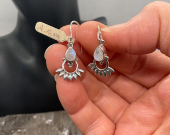 Sterling Silver Lotus Rainbow Moonstone Drop Earrings