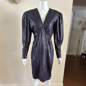 Vintage 80s Michael Hoban North Beach Leather Dress: Purple Keyhole Back, Puffed Sleeves, Medium