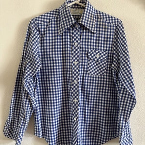 1960s 70s SAIL for Sears Roebuck & Co Single Pocket Blue Gingham Blouse Shirt Western Workwear Farm Cotton Top Picnic Sportswear Rockabilly