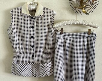 1930s 2 Pc Indigo Gingham Skirt Suit Set Top Big Pocket Day Dress Western Work Chore Hostess Beach Rockabilly Sleeveless Smocked Blouse