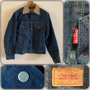 80s Levis Blanket Lined Denim TYPE 3 Size 34 Trucker Jean Jacket 70904 0317 Dark Blanket Lined Barn Coat Motorcycle Indigo Corduroy Collar