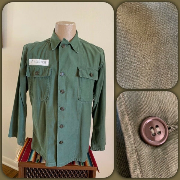 50s US Army OD-7 Jacket 1947 Pattern 1951 Shirt * Small * Utility Army Uniform Work Chore Coat Faded Military Korean War Era Distressed