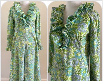 1960s Floral Handmade Palazzo Jumpsuit Loungewear Ruffle Groovy Boho Romper Lounge Wide Leg Mod Abstract Hydrangea Print Hostess One Piece