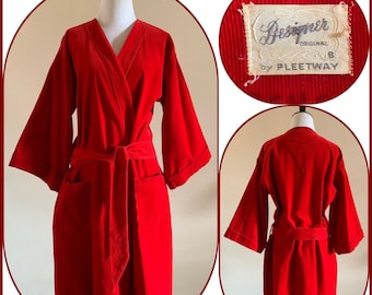 50s Red Corduroy PLEETWAY Loungewear Robe Holiday Red Hostess Poolside Made in USA Cotton Cozy Lounge Pajama Sleepwear Retro Christmas