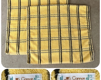 LOT x2 CANNON Monticello Yellow Plaid Square Grid Bath Towels Retro Mod 80s Cotton 2 Piece Towel Set Pop Art Pool Cabana Resort Time Capsule