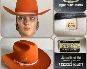 1970s Bradford 7x Beaver Texas LONGHORNS Hat 6 7/8 Western Cowboy HOOK EM Austin Texas Burnt Orange Rodeo Ranch Farm Barn Lone Star Feather