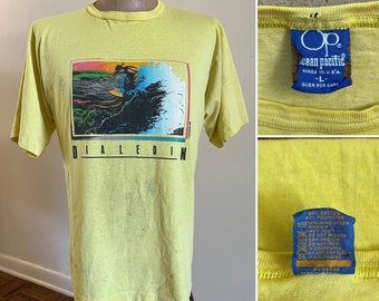 1986 Ocean Pacific Dialedin Yellow Large T Shirt Surfboard 80s OP Beach Surf Skate Surfing Dogtown Skateboard DISTRESSED Thrashed Surfer Tee