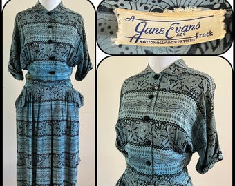 40s A Jane Evans Frock - Nationally Advertised Bandana Print Novelty Dress Atomic Paisley Polka Dot Cold Rayon Bias Sun Faded *AS IS/PROJECT