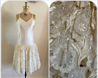 1960s 3D Floral Drop Waist Party Dress Wedding Bridal Gown Flapper AS IS Damaged Stained Project Dress Formal Dance Ball Gown Boho Prairie