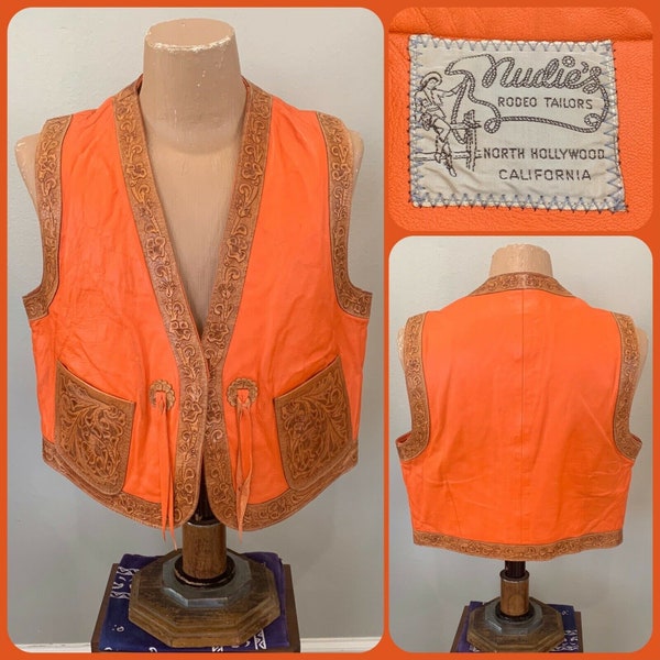 70s NUDIE'S RODEO TAILORS Tooled Leather Vest Paisley Lining Floral Western Rhinestone Cowboy Nudie Suit Western Honky Tonk Space Cowboy