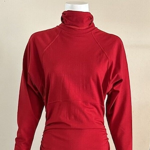EMANUEL UNGARO Red Ruched Turtleneck Long Sleeve Dress Bodycon M Holiday Cocktail Party Acrylic Wool Spandex Blend Retro 90s Dress Christmas