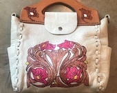 TOOLED LEATHER BAG Hand Painted Western Purse Psychedelic White Leather Boho Hippie Satchel Hobo Mexican Souvenir Vintage 70s