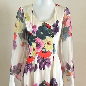 1970s Floral Sheer Sleeve Babydoll Party Dress Mod Mini Hostess Grunge Boho Day Dress Grunge &quot;Made Especially For You By Mary Jo Brown&quot;