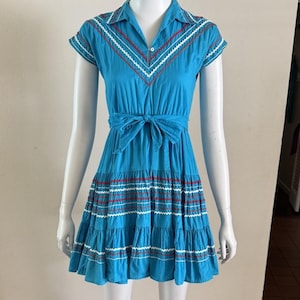 1950s Patio Dress Micro Mini Ric Rac Trim Southwestern Cotton Western Fiest Circle Skirt Square Dance Cowgirl Ranch Turquoise Day Dress Aqua