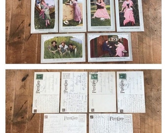 Set x6 LOVE & MARRAIGE Vintage Victorian Postcard Color Photographs Scrap Book Humor Dress Romance Valentine Lawn Hammock Love Letter