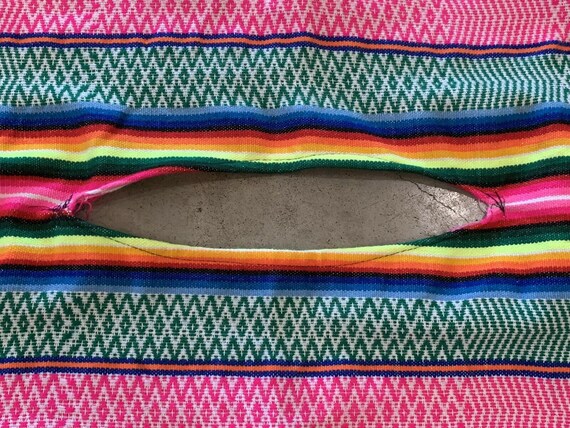 60s Neon RAINBOW PONCHO Mexican Blanket Pom Pom S… - image 7