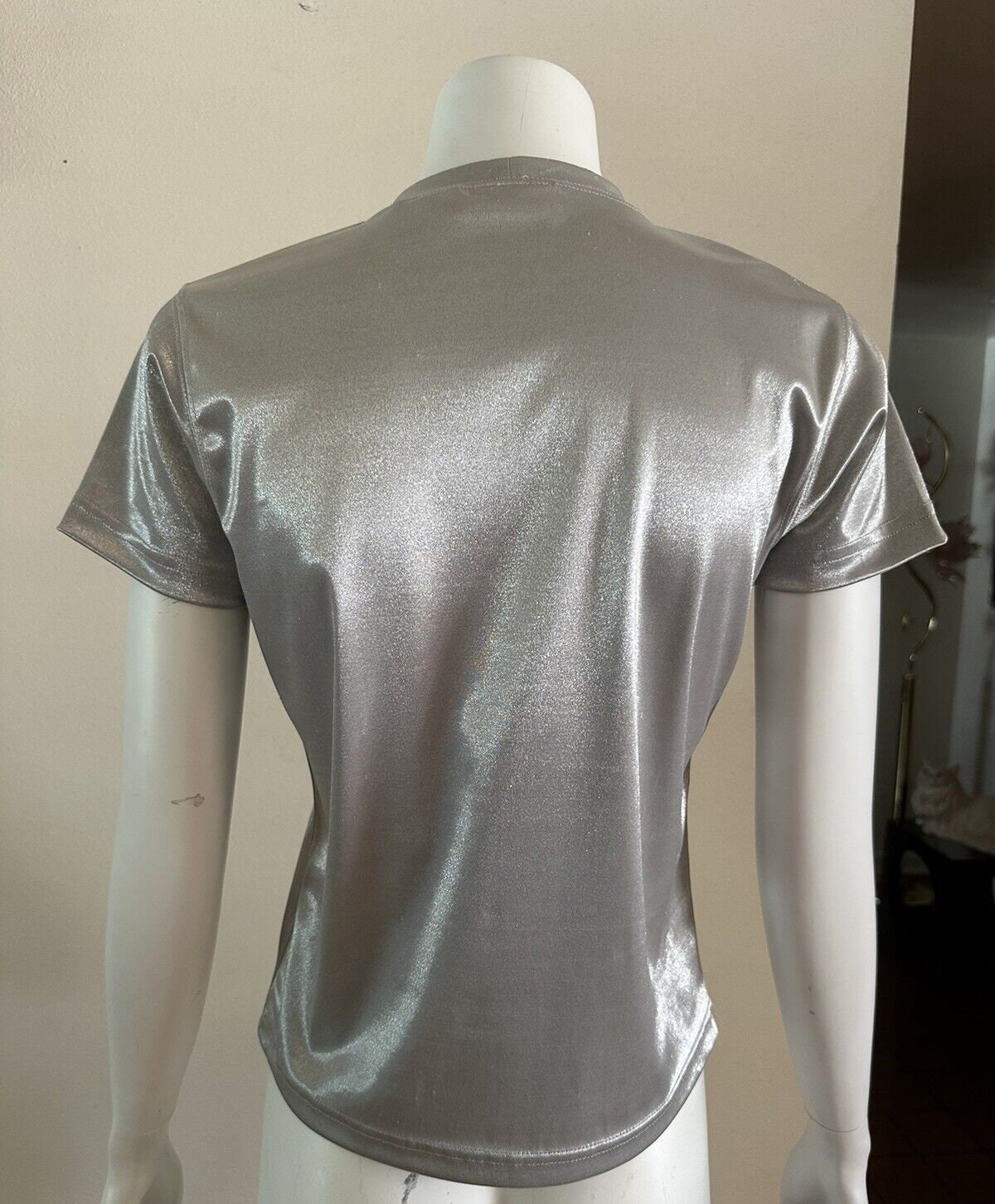 1990s Y2K Metallic Silver Shirt Embossed USA Babydoll Tee
