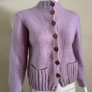 1950s Handmade Fuzzy Patch Pocket Cardigan Knit Sweater, Starburst Buttons: XS/S