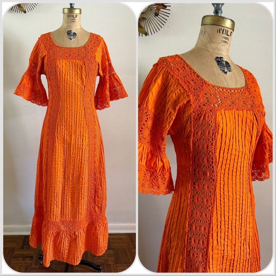 1970s Mexican Pintuck Bell Sleeve Maxi Dress Croc… - image 1