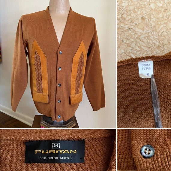 60s Puritan Suede Cardigan Sweater Medium Knit Gr… - image 1