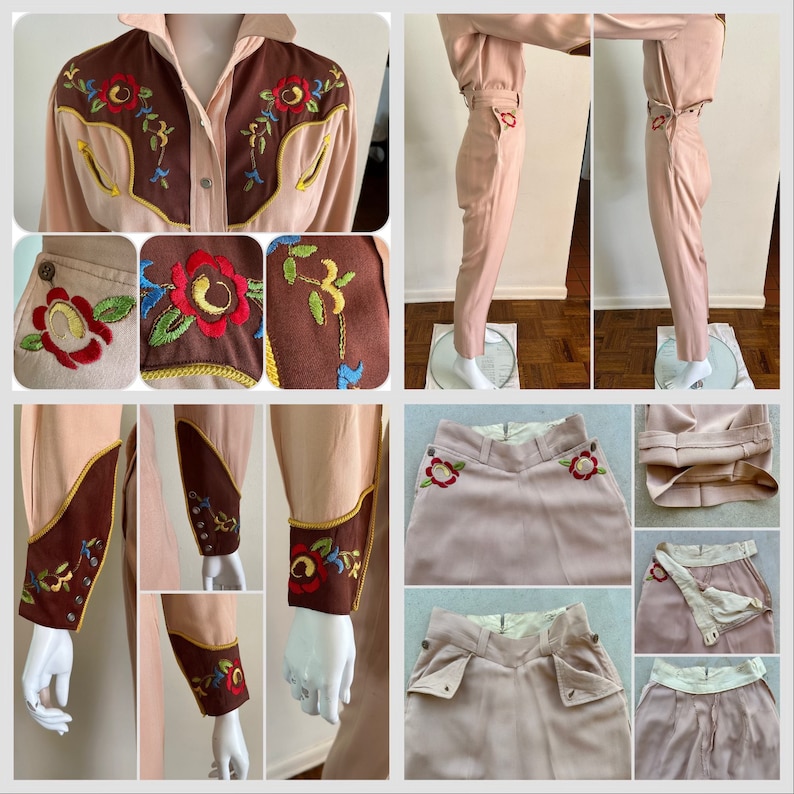 Pu&ograve; includere: Una camicia e pantaloni abbinati in stile western ricamati in rosa e marrone. La camicia ha un colletto a punta, maniche lunghe e una chiusura con bottoni sul davanti. I pantaloni hanno una vita alta e una gamba dritta. Il ricamo presenta motivi floreali in tonalit&agrave; di rosso, giallo e blu.
