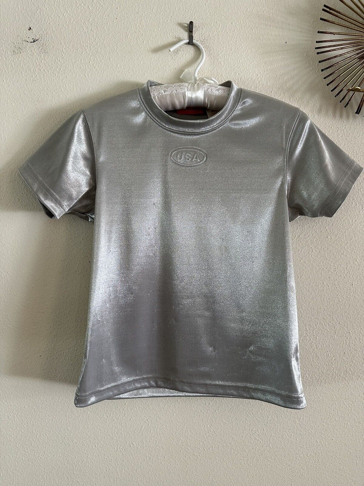 1990s Y2K Metallic Silver Shirt Embossed USA Babydoll Tee