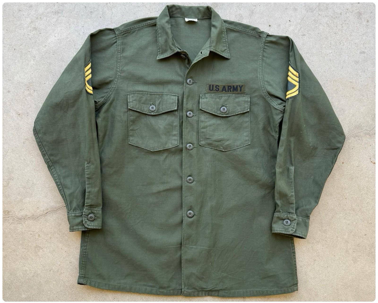 1960s US Army OG-107 Sateen 16 1/2 X 34 Cotton Utility Shirt