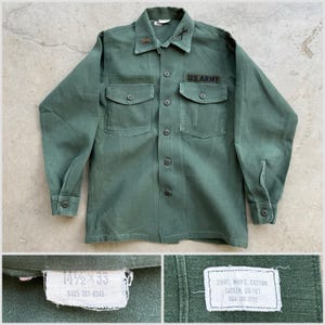 1960s Vtg US Army OG-107 Sateen 14 1/2 X 33 Cotton Utility Shirt SMALL 60s Military Work Utility Uniform Long Sleeve Shirt Og107 og 107