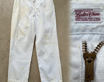 1940s 50s Sears Hercules Luster Chino Sanforized Army Twill White Pants, Distressed 34x31"