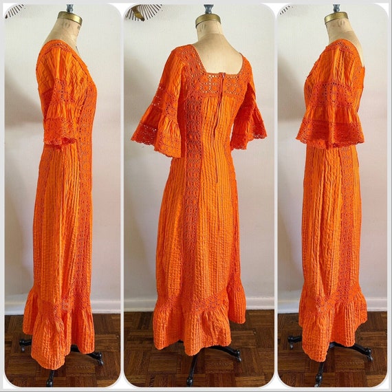 1970s Mexican Pintuck Bell Sleeve Maxi Dress Croc… - image 3