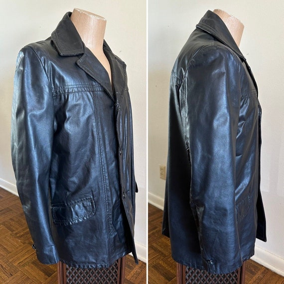 1970s Black Leather Sports Jacket Blazer 40 Long … - image 3