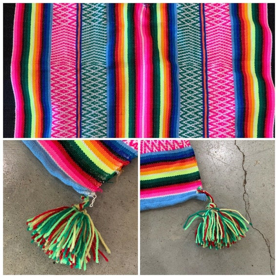 60s Neon RAINBOW PONCHO Mexican Blanket Pom Pom S… - image 9