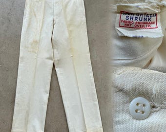 1940s Palm Beach Style Linen Sanforized Cotton Trousers Wide Leg Pants, Vintage Distressed 31x31"