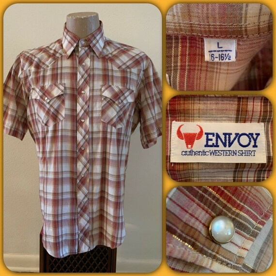 80s ENVOY Metallic Pearl Snap Western Plaid Butto… - image 1