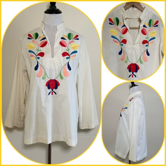 1960s Embroidered Floral Mexican Tunic Pullover T… - image 1
