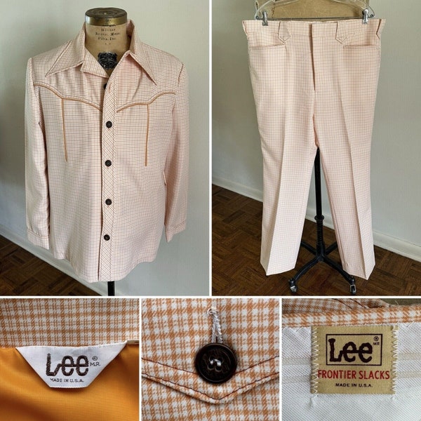1970s Vtg 2Pc LEE FRONTIER Peach Plaid Cowboy Suit Blazer Pants 70s Rodeo Ranch Western Suit Jacket Disco Rodeo Retro Goin Out Stage Wear