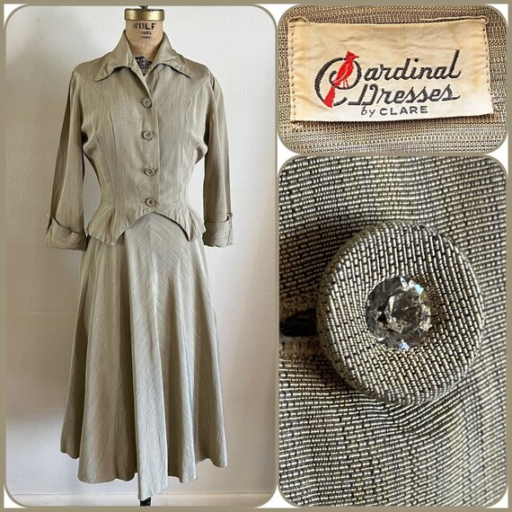 1940s 2 Pc Cardinal Dresses by Clare Skirt Suit Peplum Jacket