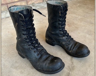 1960 US Army Jump Steel Toe 9 R Black Leather Combat Boots 60s BF Goodrich Military Biker Punk Work Uniform Boot Chore Utility DISTRESSED