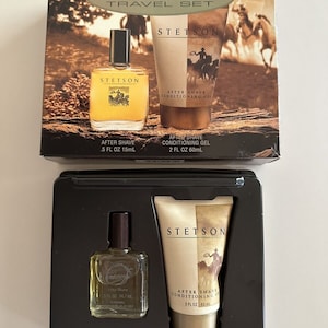 NOS 1990s STETSON Travel Set After Shave .5 oz & Conditioning Gel 2 Oz w/ Gift Box Coty Splash Bottle Perfume Discontinued Retired Estate