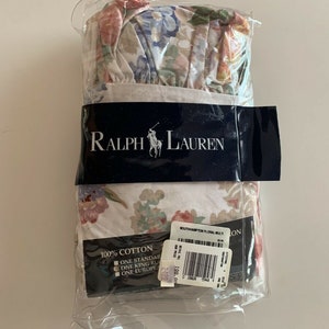NOS 80s Ralph Lauren Home Collection KING Ruffled Pillow Sham Floral SOUTHAMPTON Beach House Cottage Core Combed Cotton Flowers Retro Ruffle