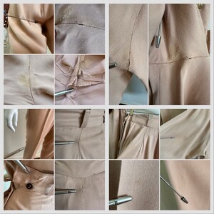 Pu&ograve; includere: Un primo piano di un paio di pantaloni rosa chiaro con chiusura a zip e bottone. I pantaloni hanno una piega sul davanti e sul retro di ogni gamba. I pantaloni sono realizzati in un tessuto morbido e leggero.